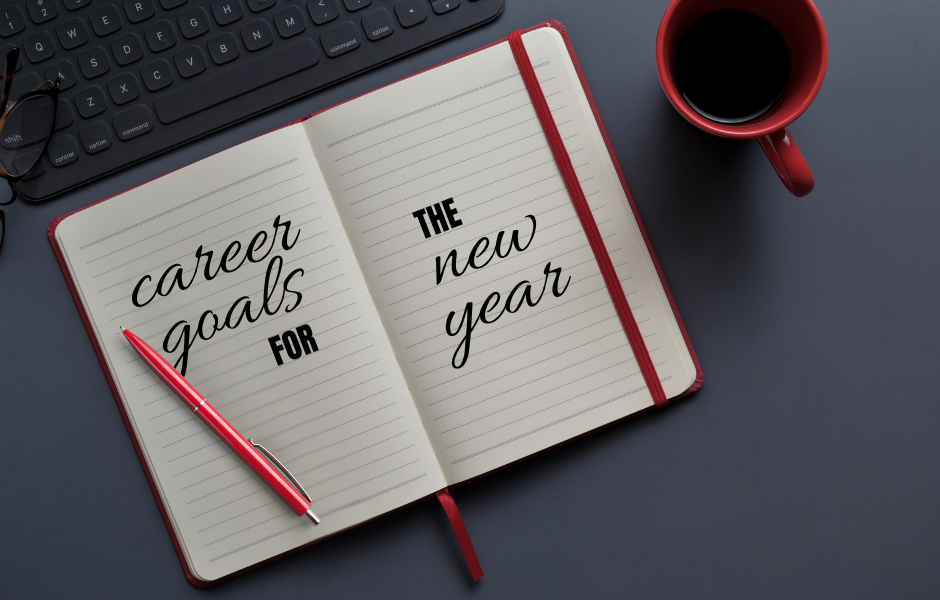 Notebook with red pen that says, 'careers goals for the new year.'