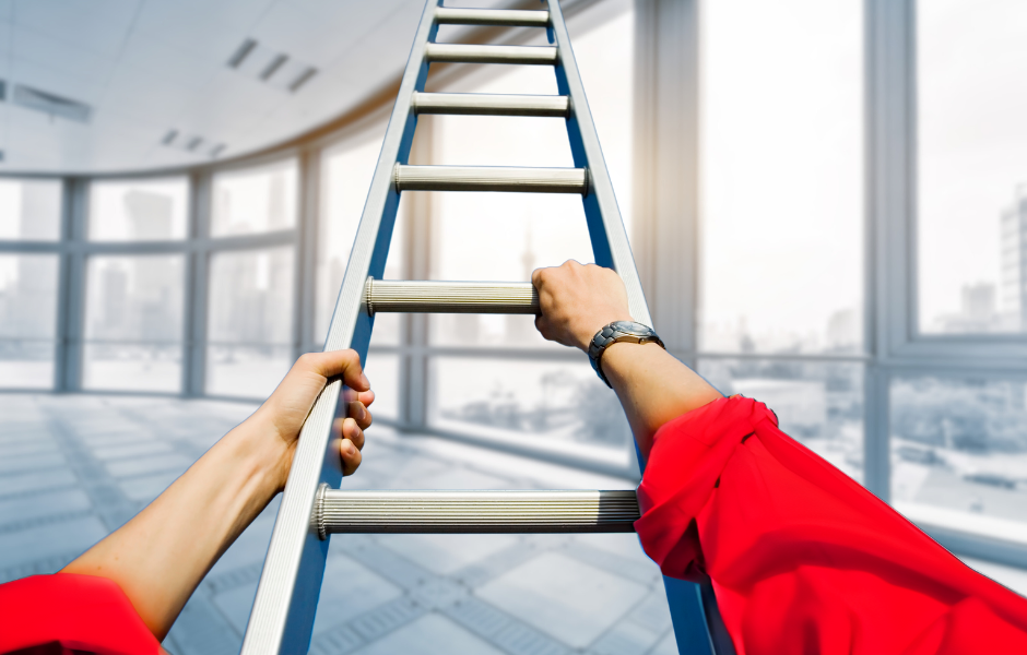 Person climbing a ladder in a professional corner office